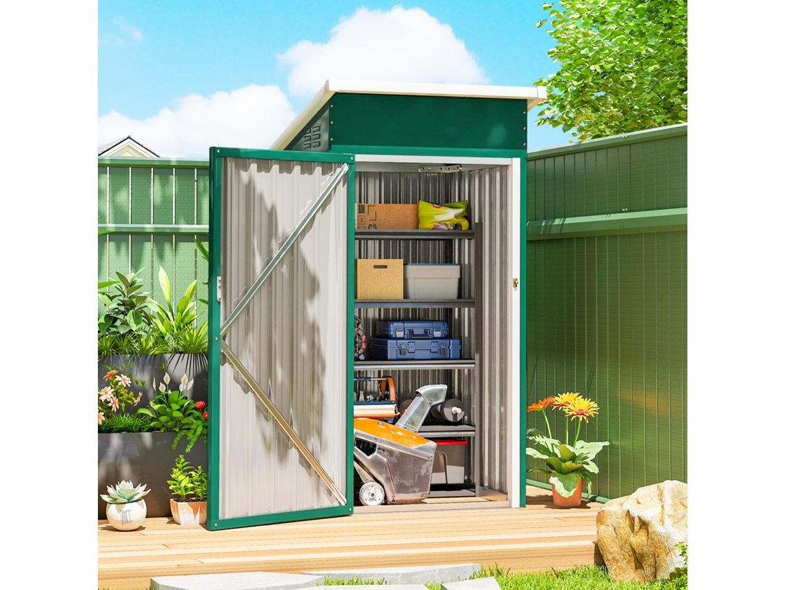 Abrigo De Jardim Metálico Verde 107,5x91x185 Cm Com Teto Inclinado, Porta Com Trinco, Ventilação E Luvas