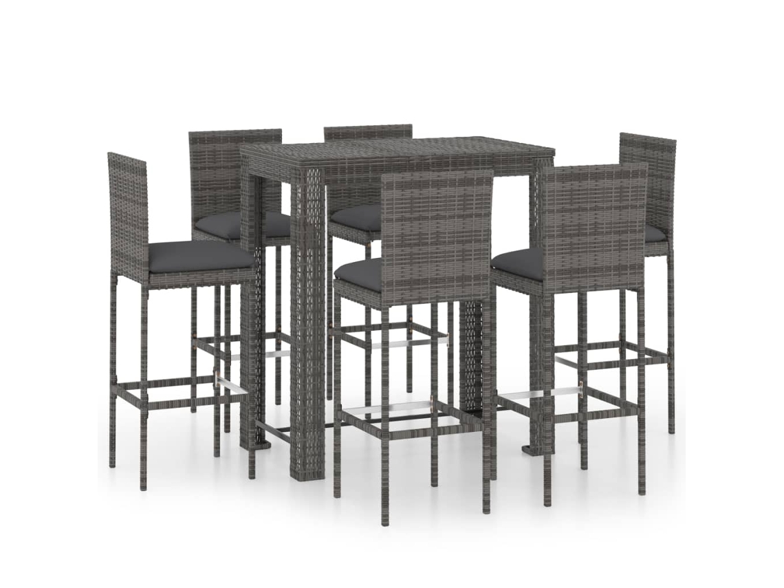 Conjunto de Bar 7 Pcs para Exterior com Almofadões Vime Pe Cinzento MAISON EXCLUSIVE
