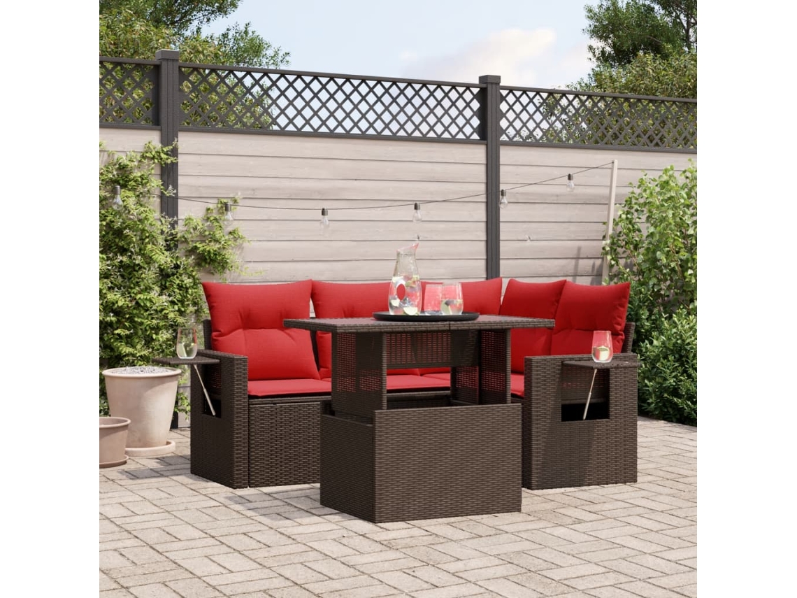 Vidaxl Conjunto De Sofá De Jardim De 5 Peças Com Almofadas Em Rattan Sintético Marrom