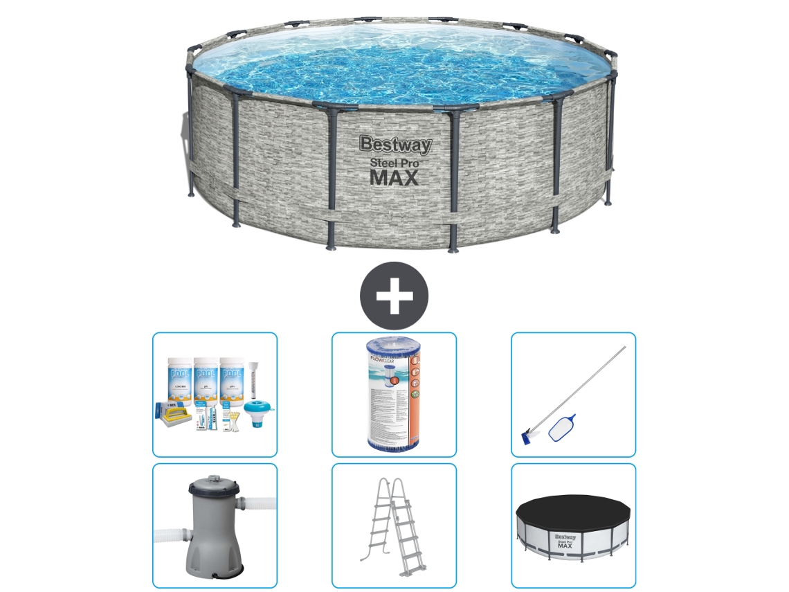 Piscina BESTWAY Round Steel Pro Max Impressão em Pedra 427 X 122 Cm Incluindo Bomba Escada Cobertura Acessórios Cb32
