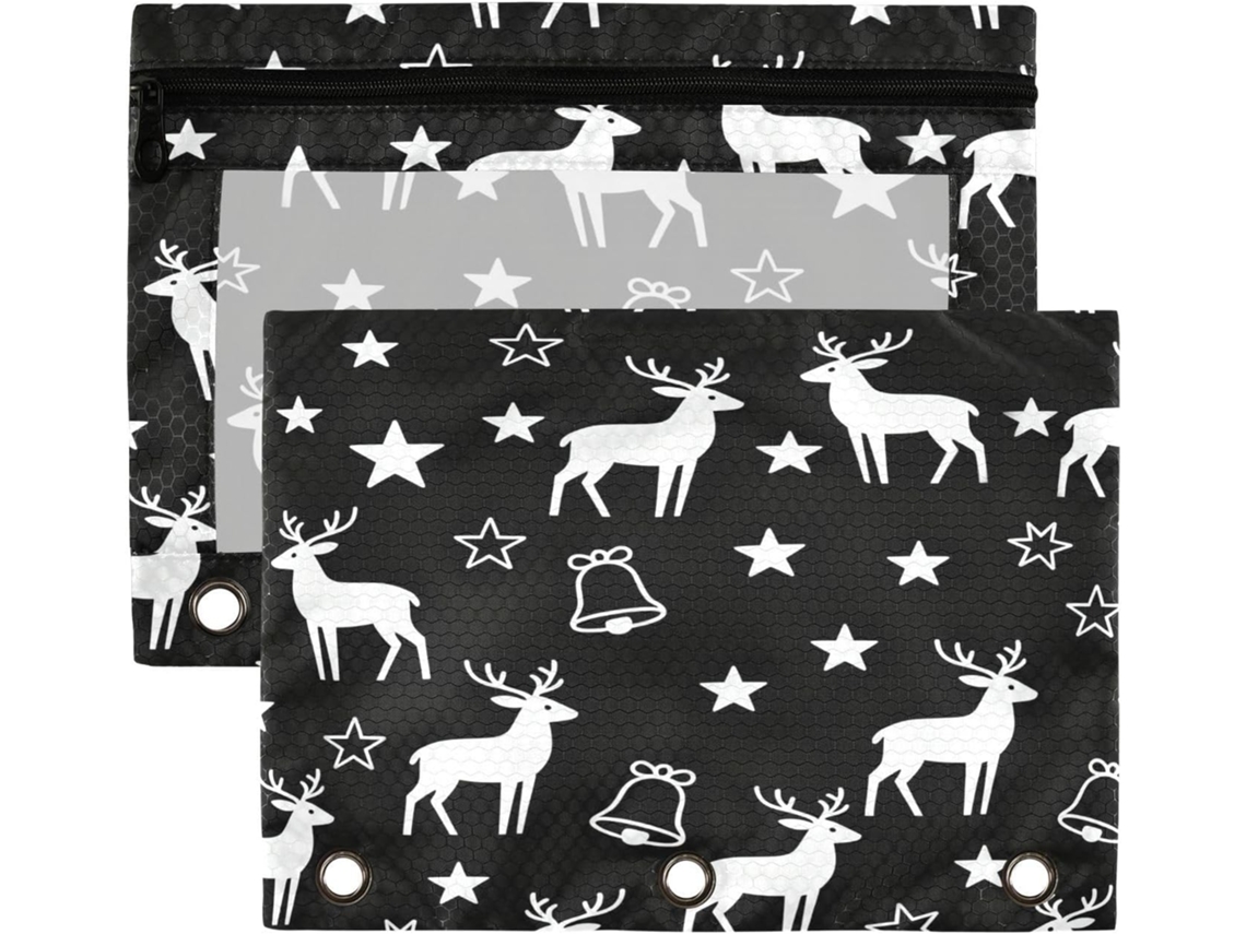 Pasta Plástica Com Bolsos Transparentes Para Lápis, Estampa De Renas E Estrelas Em Preto Branco, Pastas Grandes E