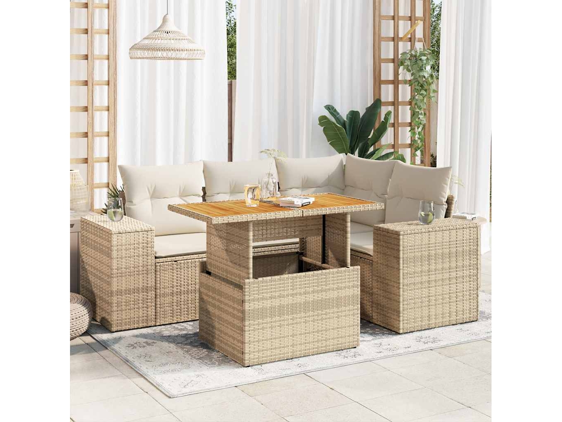 Vidaxl 5 Pcs Conjunto De Sofás P/ Jardim Com Almofadões Vime Pe Bege