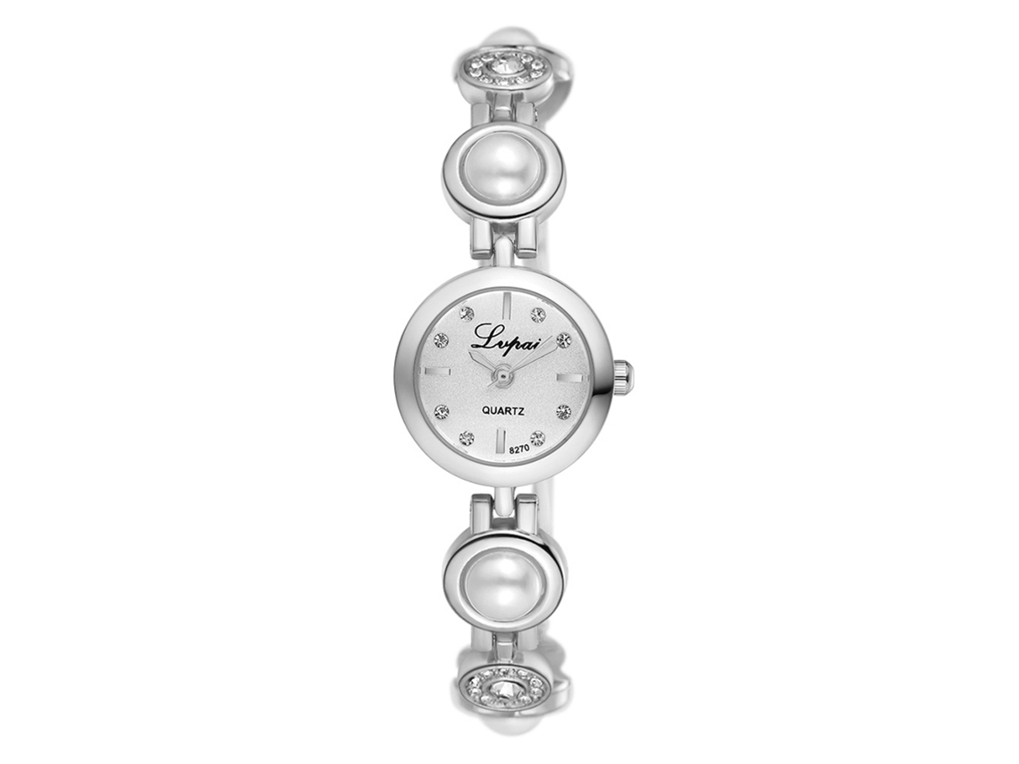 Relógio de Pulso Feminino de Quartzo com Pulseira de Liga e Strass Estilo Elegante Branco Prateado