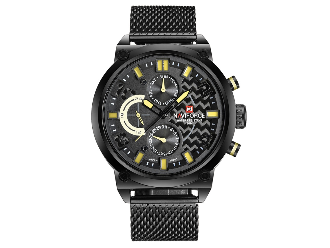 Relógio masculino Naviforce, pulseira de malha, calendário, quartzo, à prova d'água, amarelo