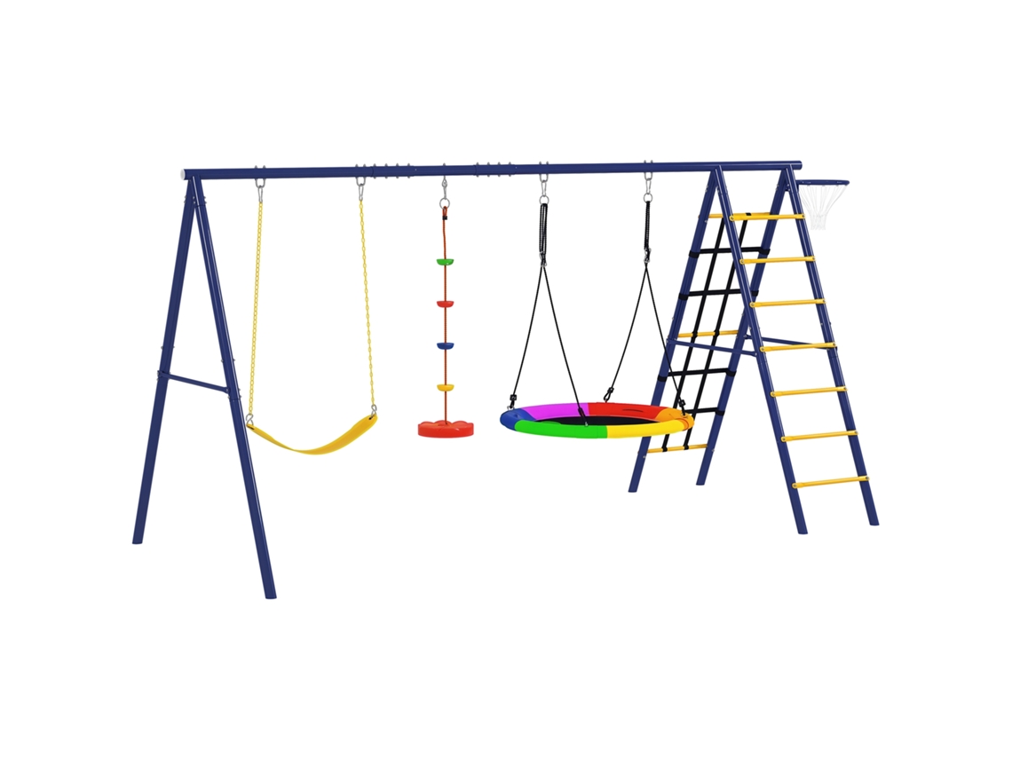 Conjunto de Balanço Externo 6 em 1 com 3 Balanços, Cesta de Basquete, Escada de Escalada e Rede, Multicolorido CHEZMOI