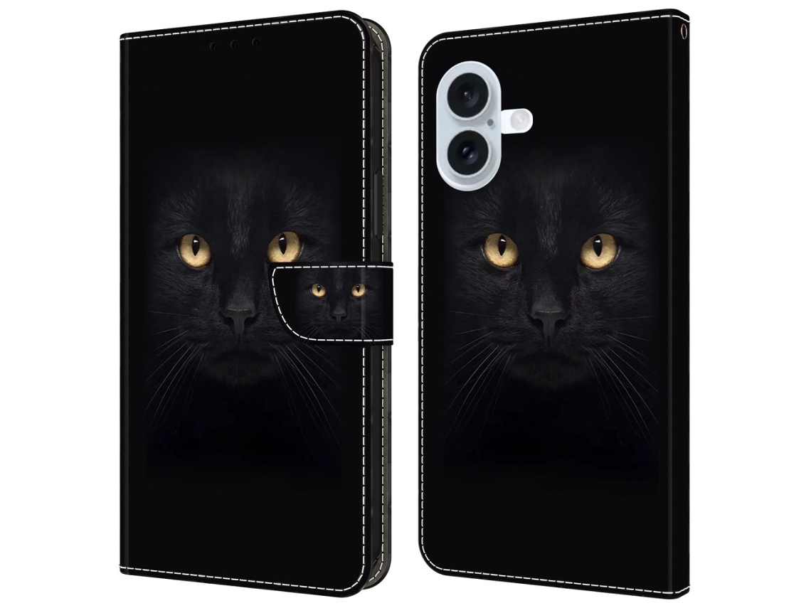 Capa Em Couro Pu Magnético Para Apple Iphone 16 Plus - Gato Preto