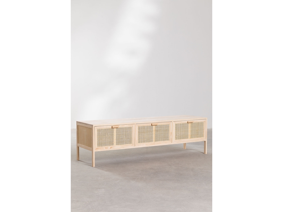 Sklum Móvel Tv 135x45 Cm Em Rattan E Madeira Reyna Madeira De Pinho Castanho Madeira Natural
