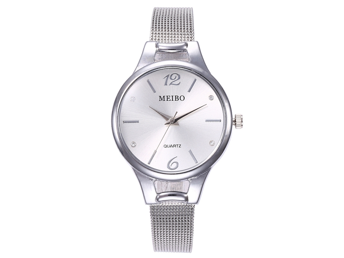 Relógio de Pulso Feminino de Quartzo com Cinto de Malha Meibo Pequeno Dial Casual Prata