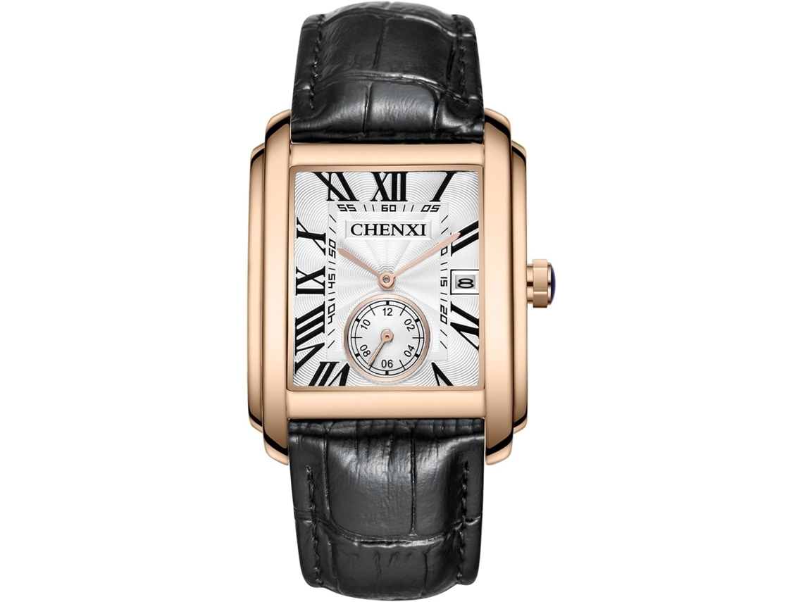 Square Date Leather Strap 30M Relógio de Pulso Masculino À Prova DÁgua-Prata Preto