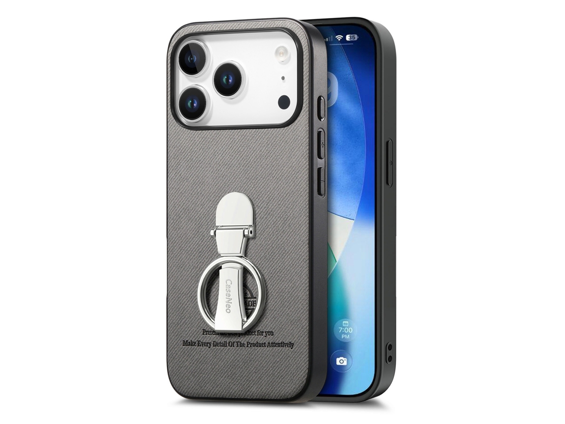 Capa Em Couro Pu Cinza Compatível Com Iphone 17 Pro Max Com Suporte De Anel Giratório 360°
