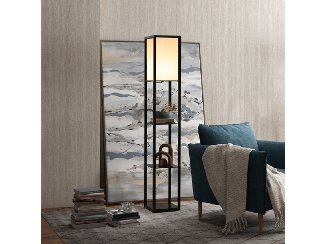 Lâmpada De Pé Com Prateleiras, Soquete E27 Até 40w, Sem Lâmpada, Iluminação Interior Para Sala E Quarto, Madeira Na Cor Preta, 26x26x160 Cm.