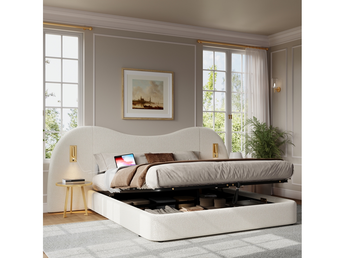 Cama Casal 180x200cm Hidráulica Usb Lâmpada Armazenamento Cabeceira Branca Bouclé