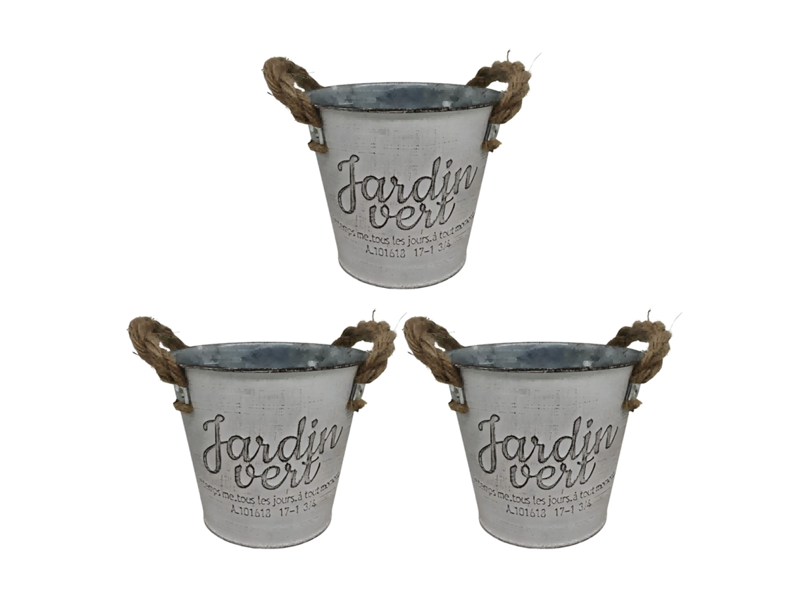 Conjunto De Vasos Relaxdays, 3 Vasos "jardim Verde", A X D: 12,5 X 14 Cm, Vaso Para Ervas Com Alça, Ferro E Juta.