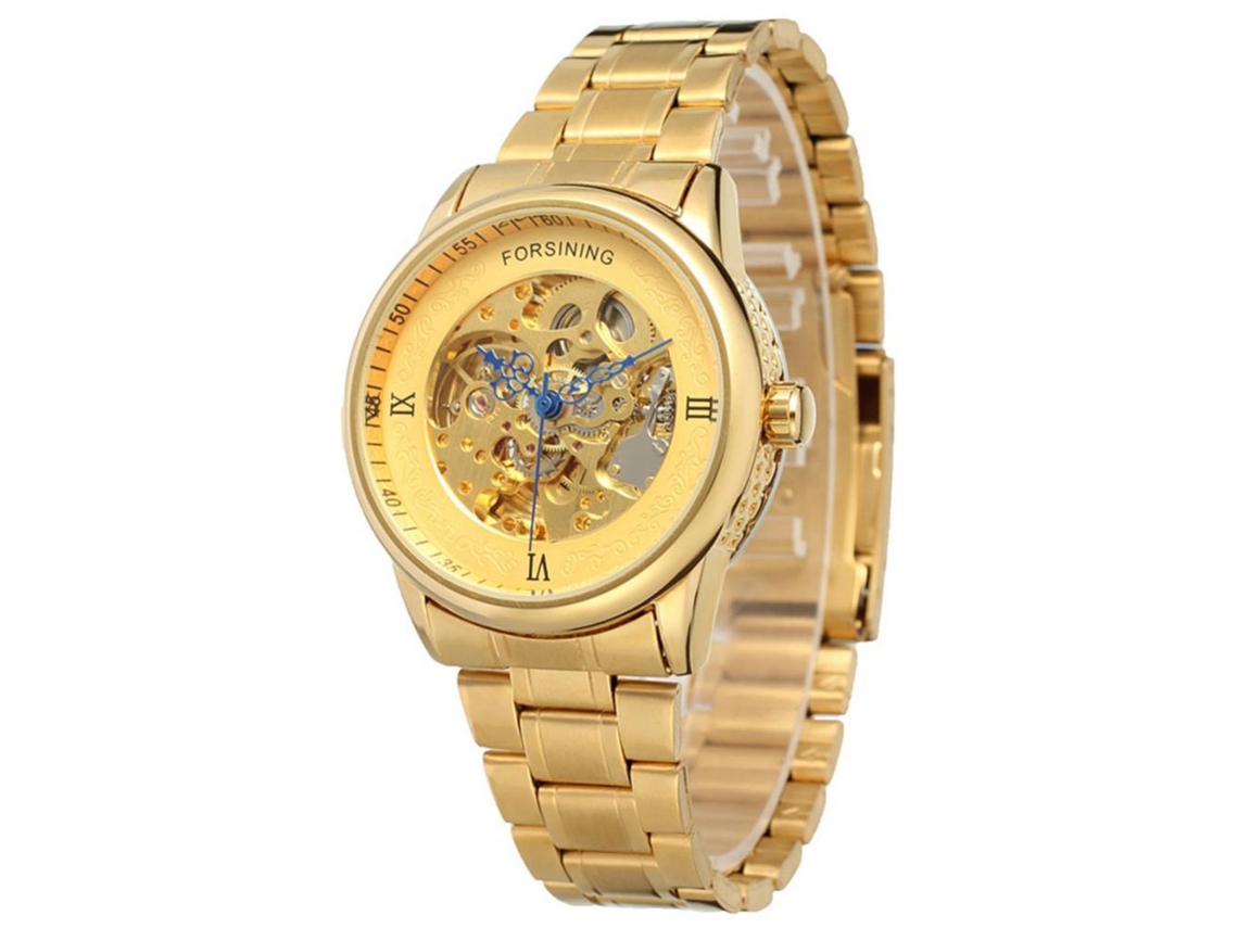 Reloj Mecánico Automático Hollow Para Hombres Empresariales Con Correa De Acero Forsining Oro