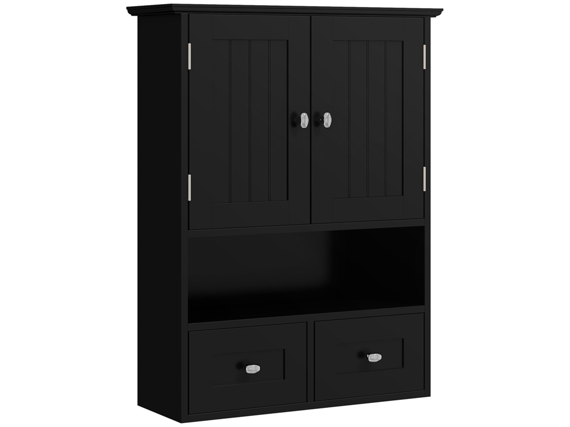 Armário de Parede para Casa de Banho com 2 Portas Prateleira Aberta e 2 Gavetas Estilo Moderno 50.8x17.8x66cm Preto