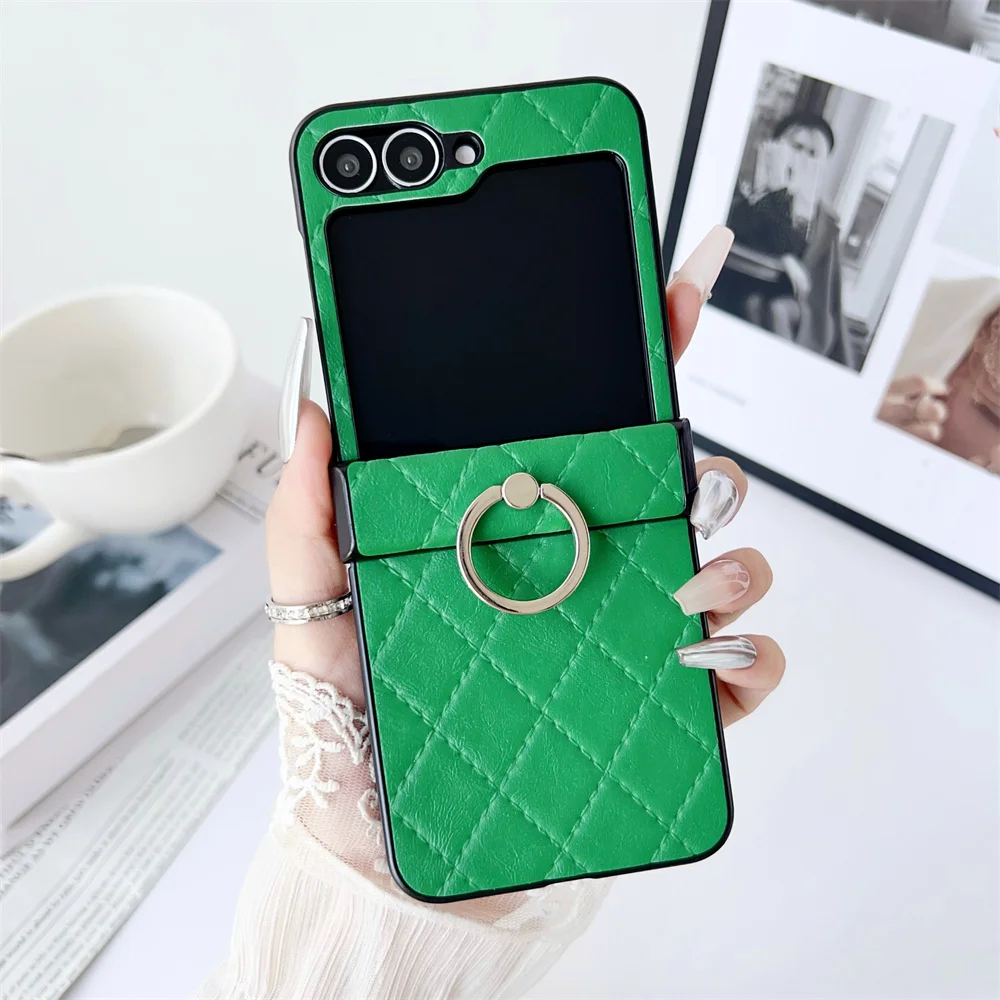 (verde, Galaxy Z Flip7) Capa Para Celular Em Couro Legítimo Com Padrão De Malha, Suporte De Anel E Proteção Flip Contra Impactos.