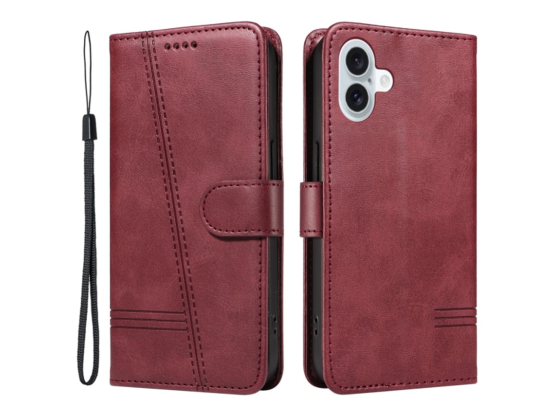 Capa Em Couro Pu, Para Apple Iphone 16 Plus - Vinho Tinto