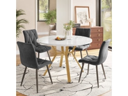 Conjunto De Mesa De Jantar (5 Peças): Tampo Mármore, Pernas Metal Dourado, 4 Cadeiras Ergonômicas Veludo Cinza. Ge