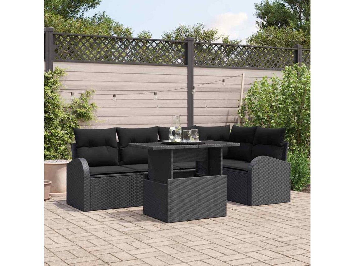 Vidaxl Conjunto De Sofá De Jardim Com Almofada 6 Pcs Preto Vime Pe