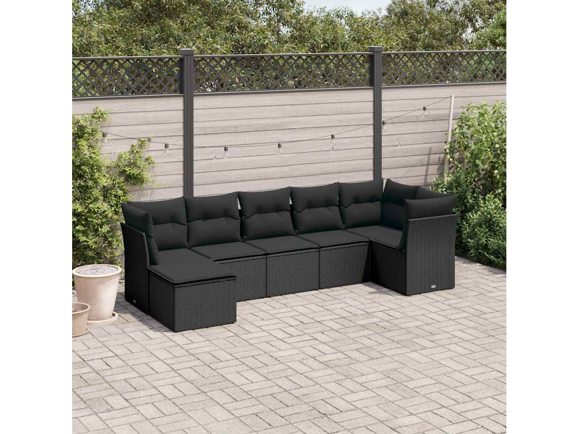 Vidaxl 7 Pcs Conjunto De Sofás P/ Jardim C/ Almofadões Vime Pe Preto