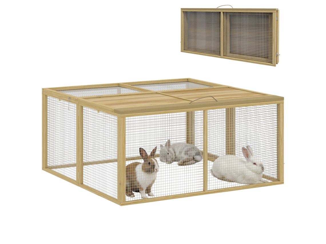 Gaiola para Pequenos Animais. Gaiola de Coelho. Telhado Articulado. Madeira de Abeto. 120x120x57cm. Natural Ge