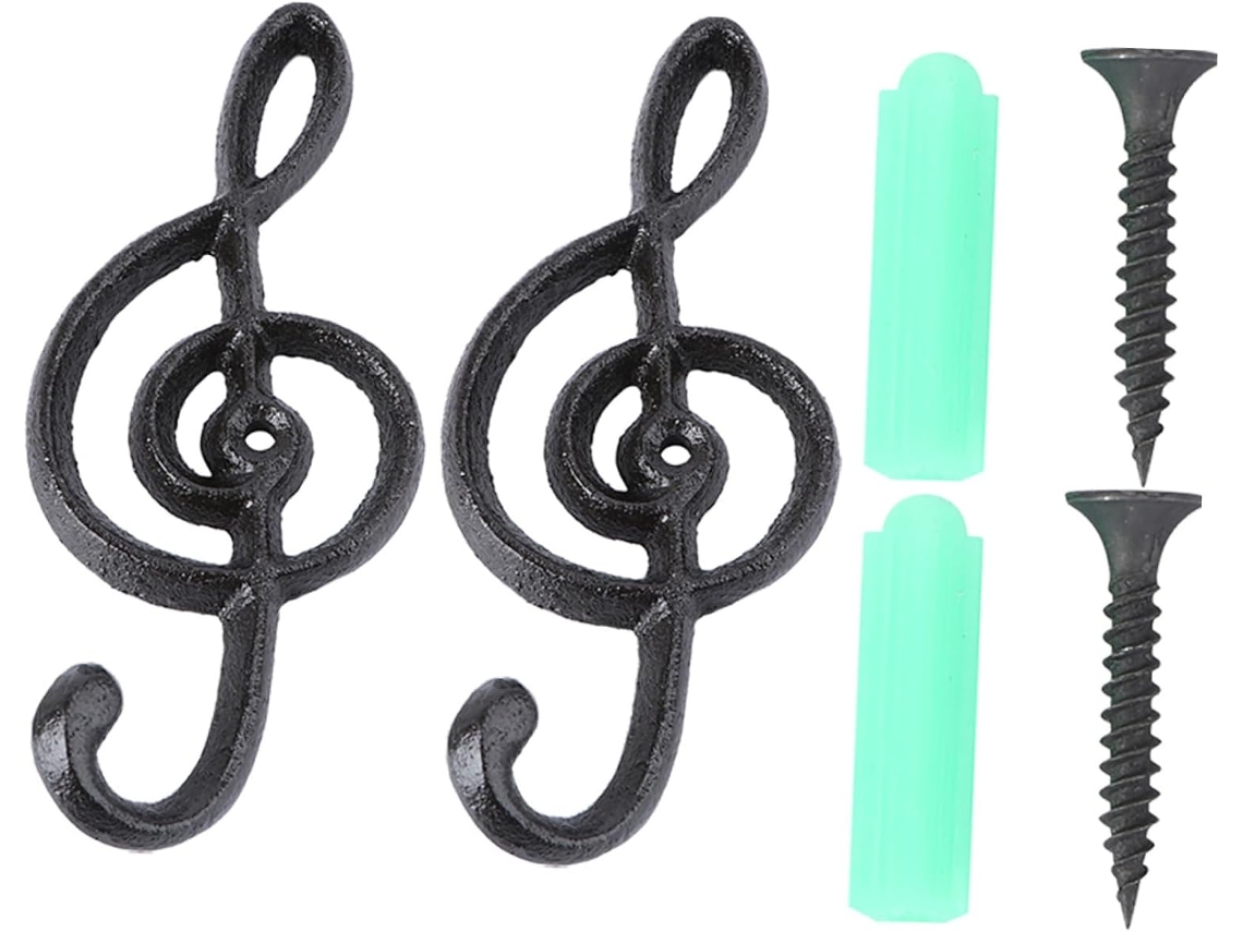 Conjunto De 2 Ganchos De Parede Decorativos Em Ferro Preto Em Formato De Notas Musicais.