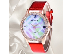 Relógio de Pulso Feminino de Moda com Pulseira Pu Mostrador Redondo Quartzo Vermelho