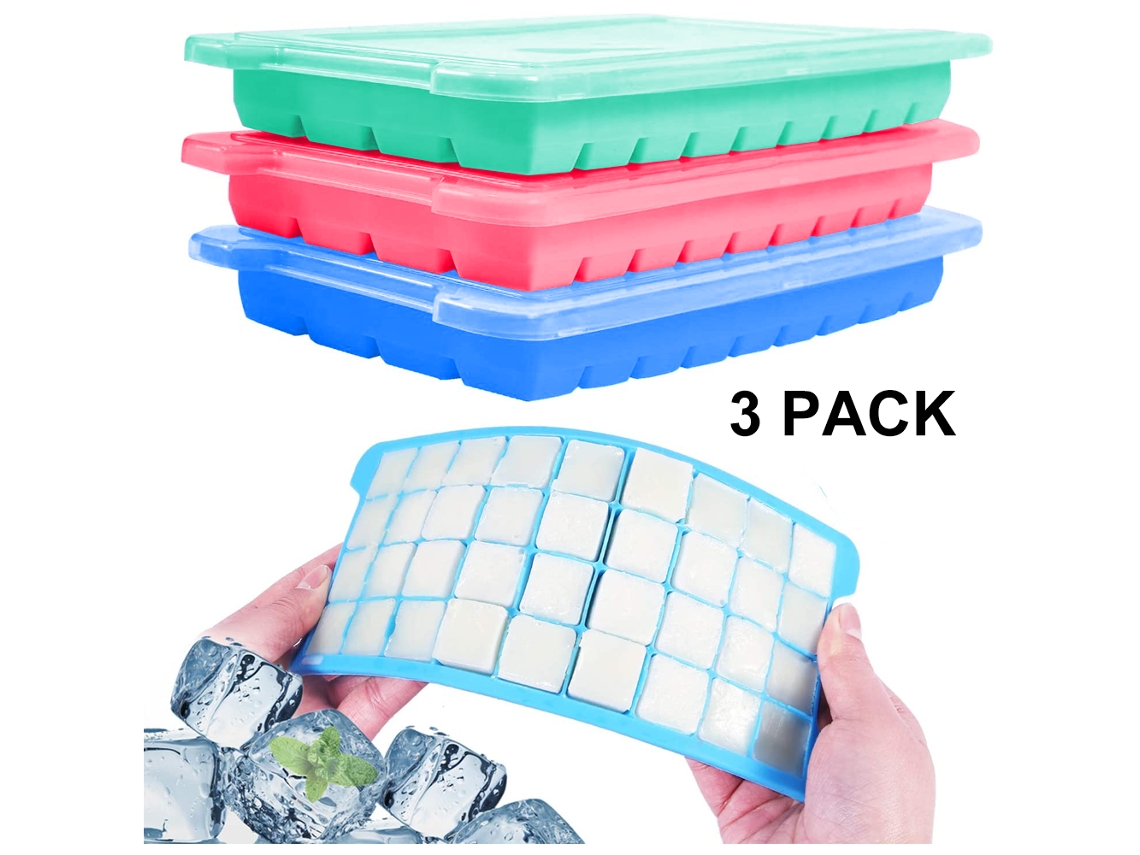 Bandejas para Cubos de Gelo com Tampas 3 Pacotes Rosa+Azul+Verde Silicone Liberação Fácil e Flexível 36 Moldes UISAVE