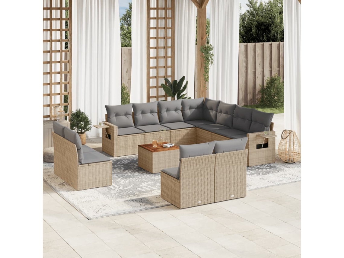 Vidaxl 12 Pcs Conjunto De Sofás P/ Jardim Com Almofadões Vime Pe Bege