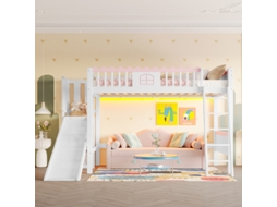 Cama Beliche Infantil Com Led, Prateleiras E Escorregador, Certificação En747, Madeira De Pinho, 90x200cm, Branco - Sem Colchão