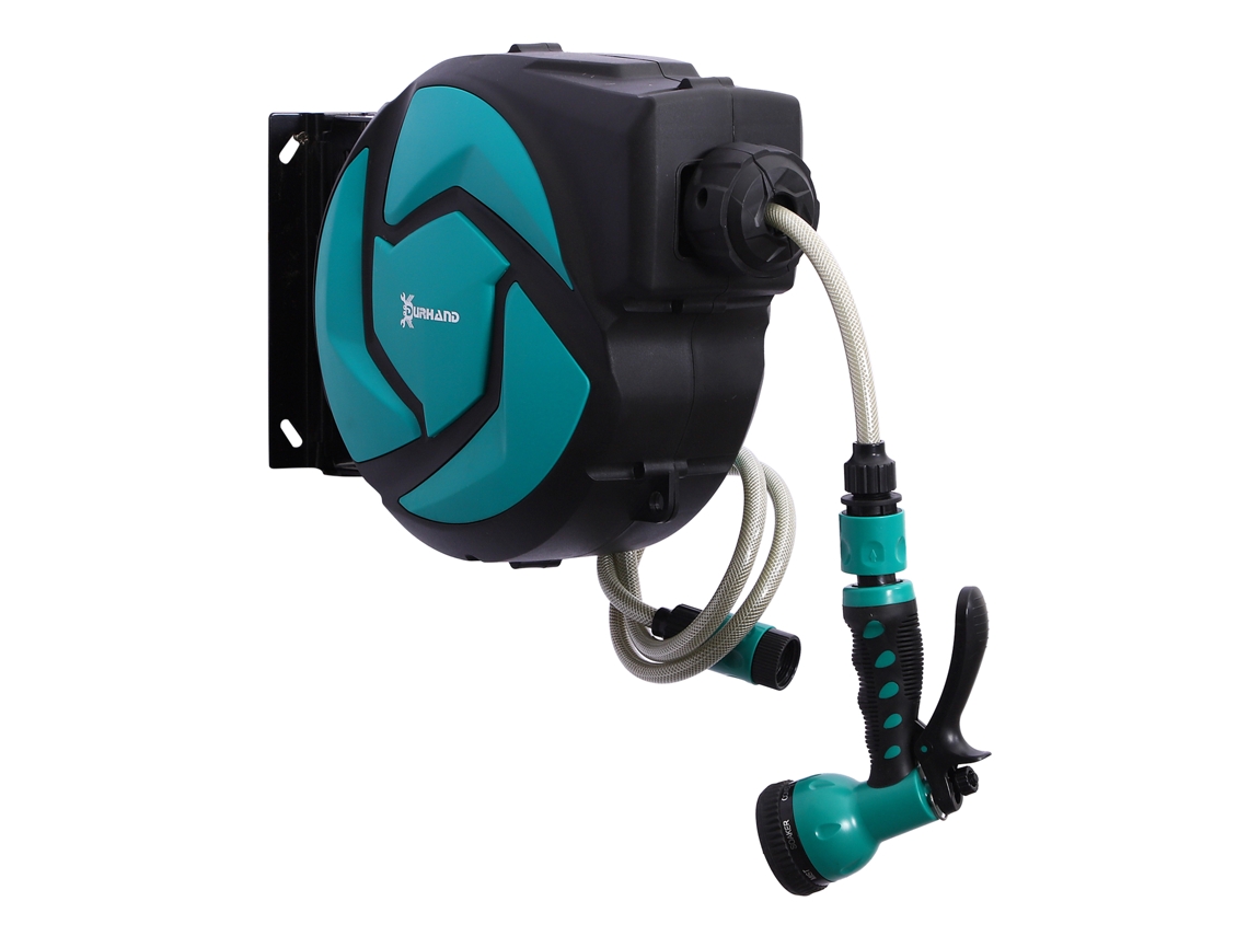 Carretel Para Mangueira Retrátil De Irrigação 10m + 1m Sistema Automático De Com Trava 29,5x16,5x33 Cm Preto E Verde