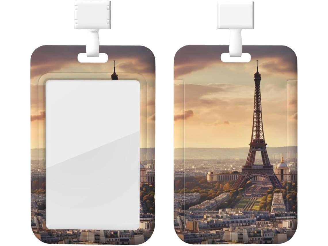 Porta Crachá Com Estampa Da Torre Eiffel E Cidade, Com Cordão, Capa Plástica Impermeável Crachás, Estojo Protetor