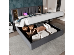 Cama Casal Cinza 180x200 Cm, Usb-c, Wireless, Baú, Estrado Ripas