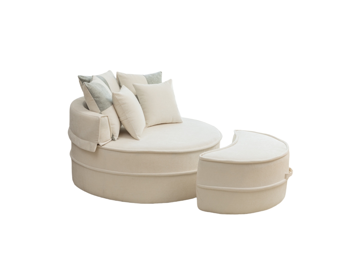 Sofá Redondo Com 5 Almofadas E Puff Para Sala E Quarto, Cor Bege, Conforto E Estilo Para Sua Casa