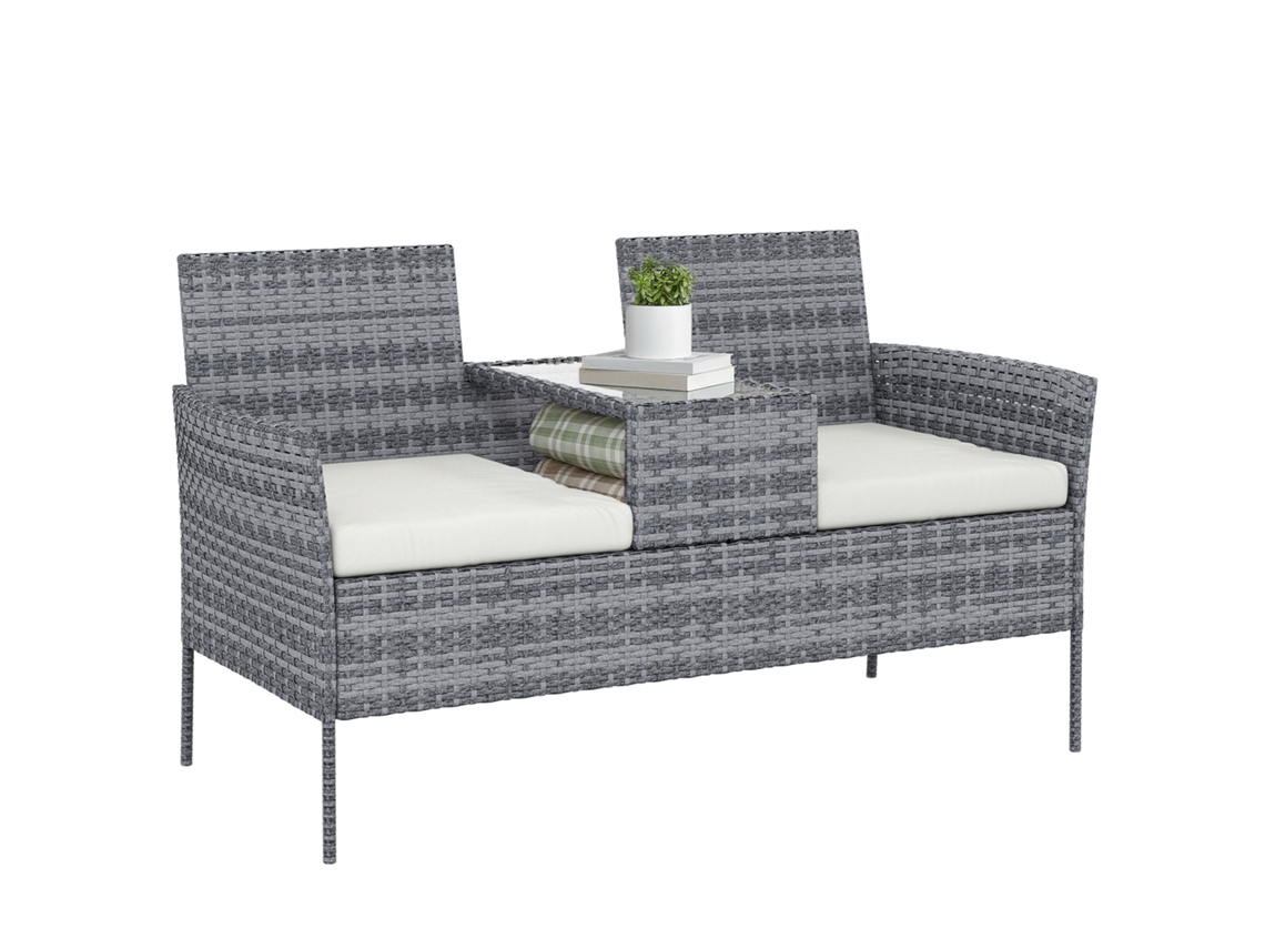 Banco de jardim MARCA de resina com mesa e almofadas, 135x64x81cm preto