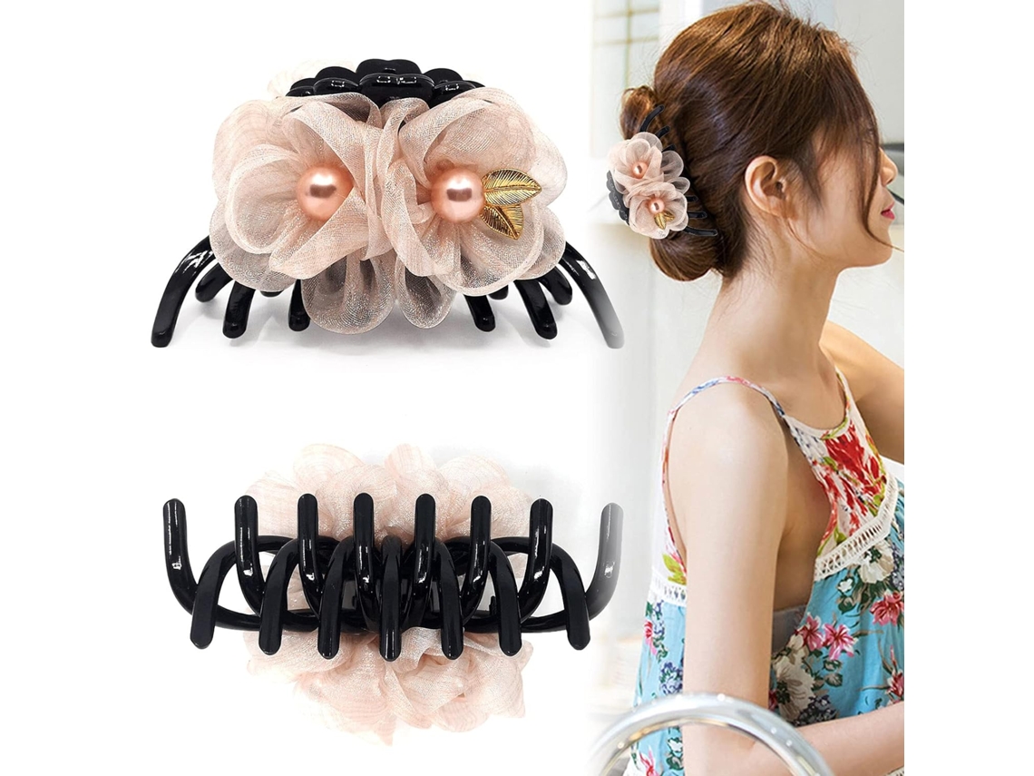 Grampos de Banana com Garra de Cabelo de Plástico Feminino com Flores e Pérolas Acessórios de Design Francês Presilhas de Cabelo Grandes JEDBESETZT