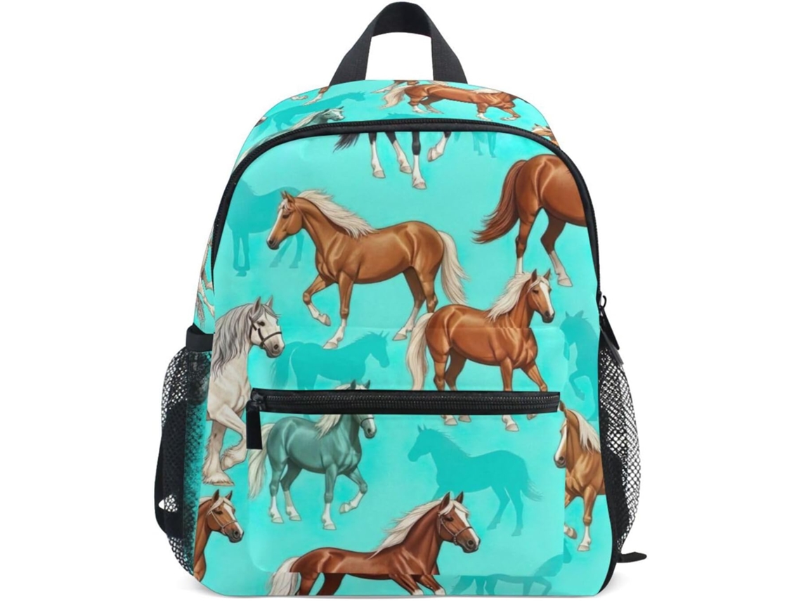Mochila Infantil Unissex Com Estampa De Cavalo Turquesa E Etiqueta Para Nome, Para Crianças De 3 A 8 Anos.