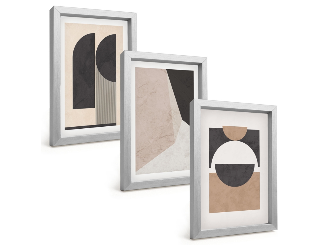 Conjunto De Pinturasformas Abstratas Bege Marrom Moldura Prateada Quadros Para A Sala De Estar Espelharte (3 Peças 20x30 Cm)