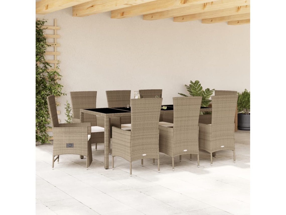9 Pcs Conjunto De Jantar P/ Jardim Com Almofadões Vime Pe Bege Dkd Home Decor