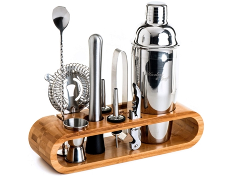 Conjunto de coquetelaria artesanal Mixology, conjunto de 10 peças de coqueteleira com suporte para mogno, conjunto de presente (prata)