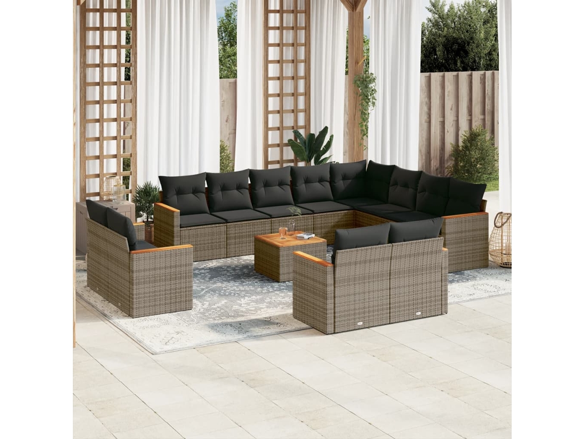 Vidaxl 13 Pcs Conjunto Sofás P/ Jardim C/ Almofadões Vime Pe Cinzento