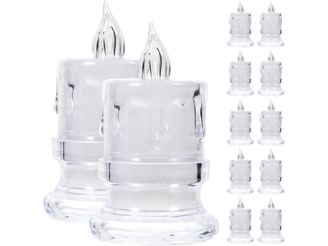 Conjunto de 12 Velas Elétricas Transparentes, Sem Chama, Alimentadas por Bateria, 47 X 8 Cm, com Base Decorativa de Led. SFUSHOS
