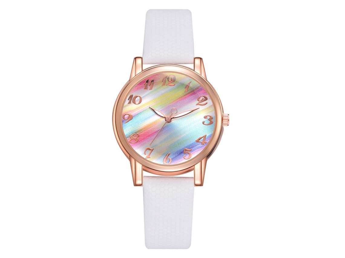Relógio de Pulso Feminino Elegante com Mostrador Arco íris Degradê Pulseira de Couro Pu Branco