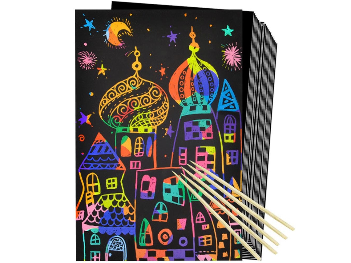 Primerox kit de Arte de Arranhar Arco íris 50 Folhas com Canetas de Bambu para Crianças Diy