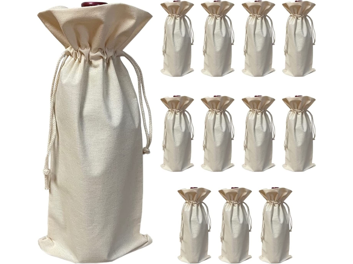 (pacote Com 12) Sacolas De Presente Para Garrafas De Vinho Em Tecido De Algodão Natural Com Cordão