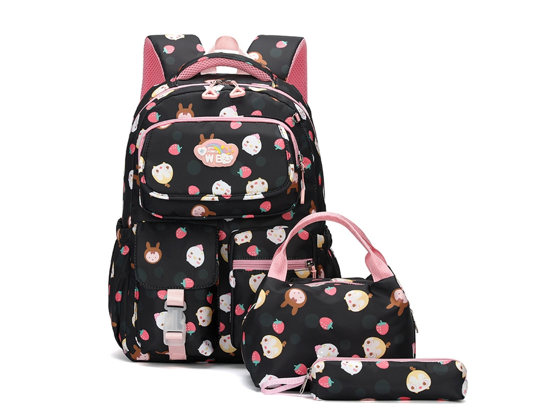 Conjunto De 3 Peças De Mochila Com Estampa De Desenho Animado, Lancheira E Bolsa Para Lápis, Bolsa Escolar Preta Para Alunos Do En Slowmoose
