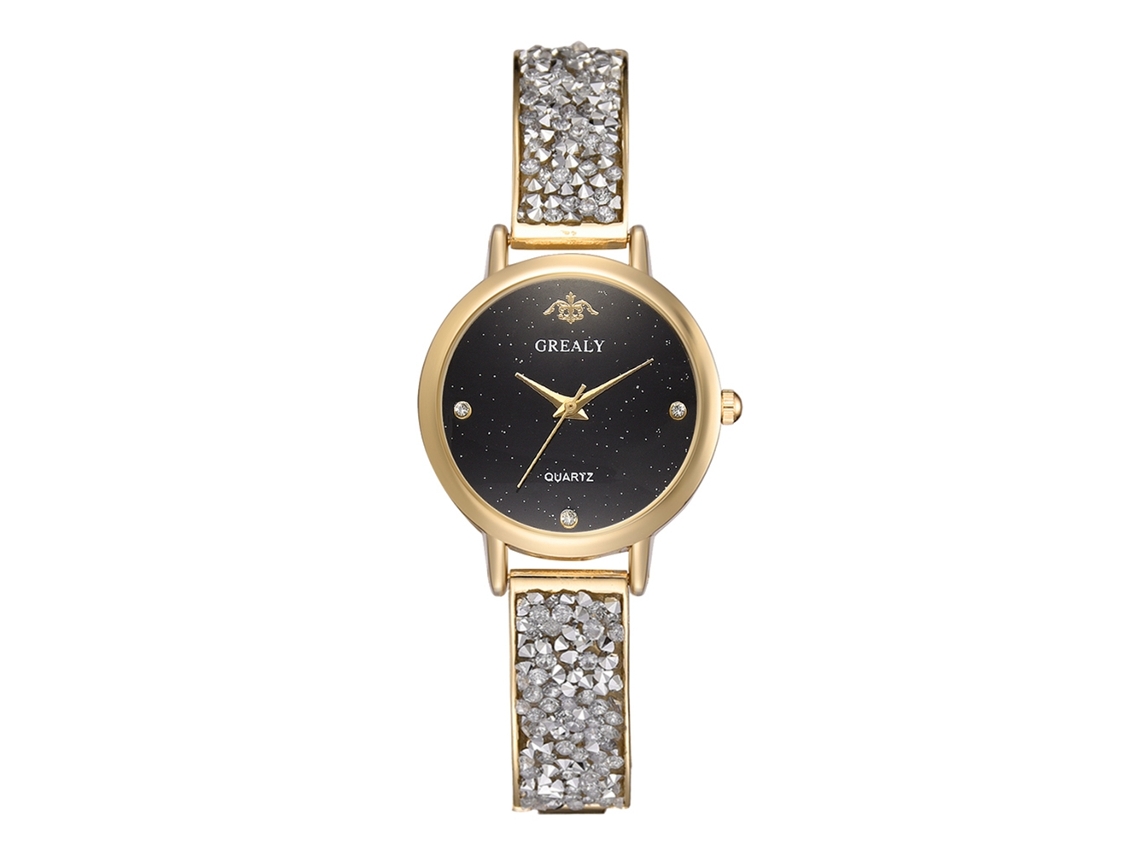 Relógio de Pulso Feminino de Quartzo com Pulseira de Liga e Strass Decoração Ouro+preto