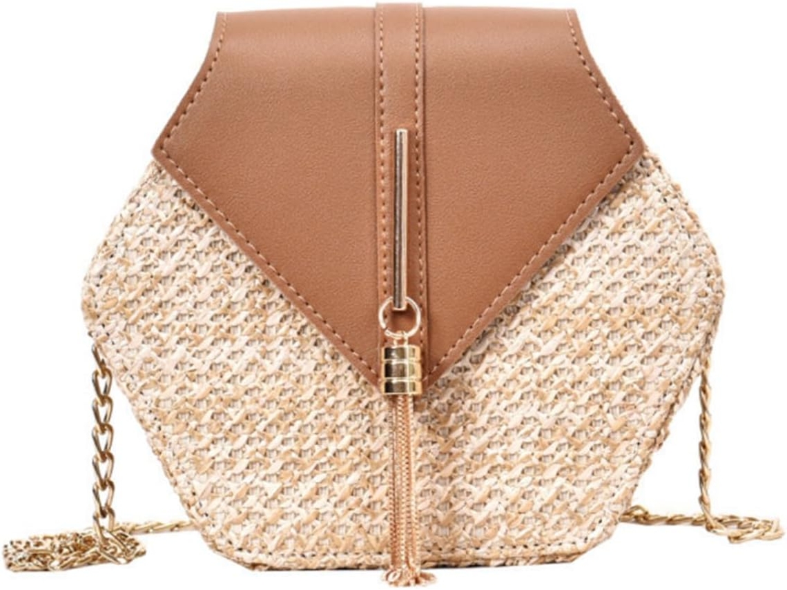 Bolsa De Palha Trançada À Mão Com Alça De Corrente Para Usar No Ombro Ou A Tiracolo, Ideal Para Praia E Uso Diário.