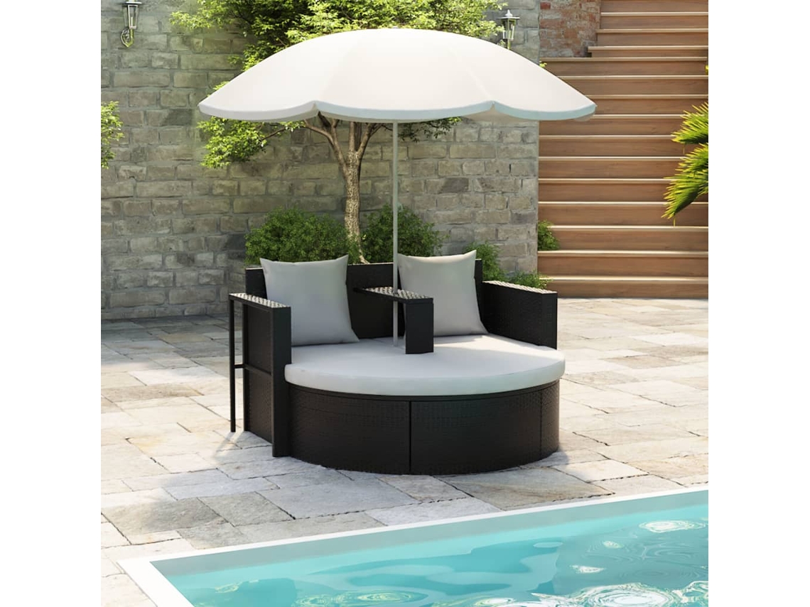 Vidaxl Espreguiçadeira Para Jardim Com Guarda-sol Vime Pe Preto