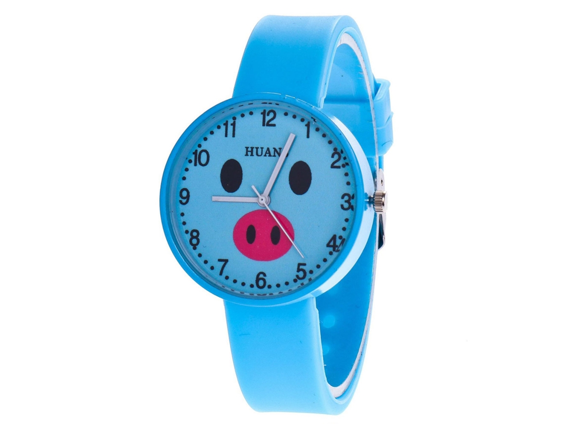 Relógio de Pulso para Menina Cute Pig Pattern com Pulseira de Silicone Azul